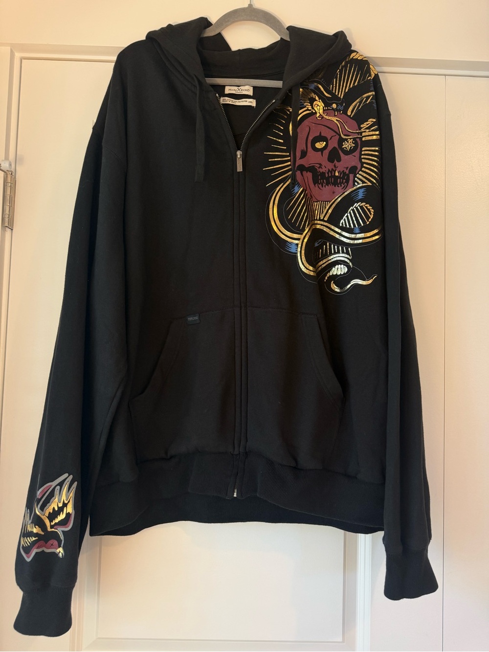 Marc Ecko Cut & Sew Skull Snake Full Zip Hoodie Black Gold Graphic Y2K 3XL